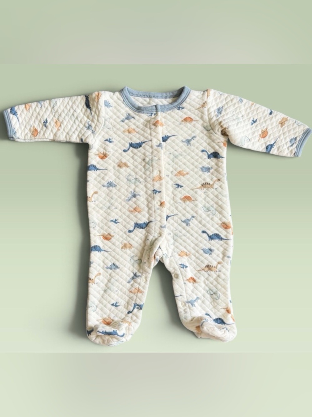Cream Quilted Baby Footie with Blue & Tan Animal Print